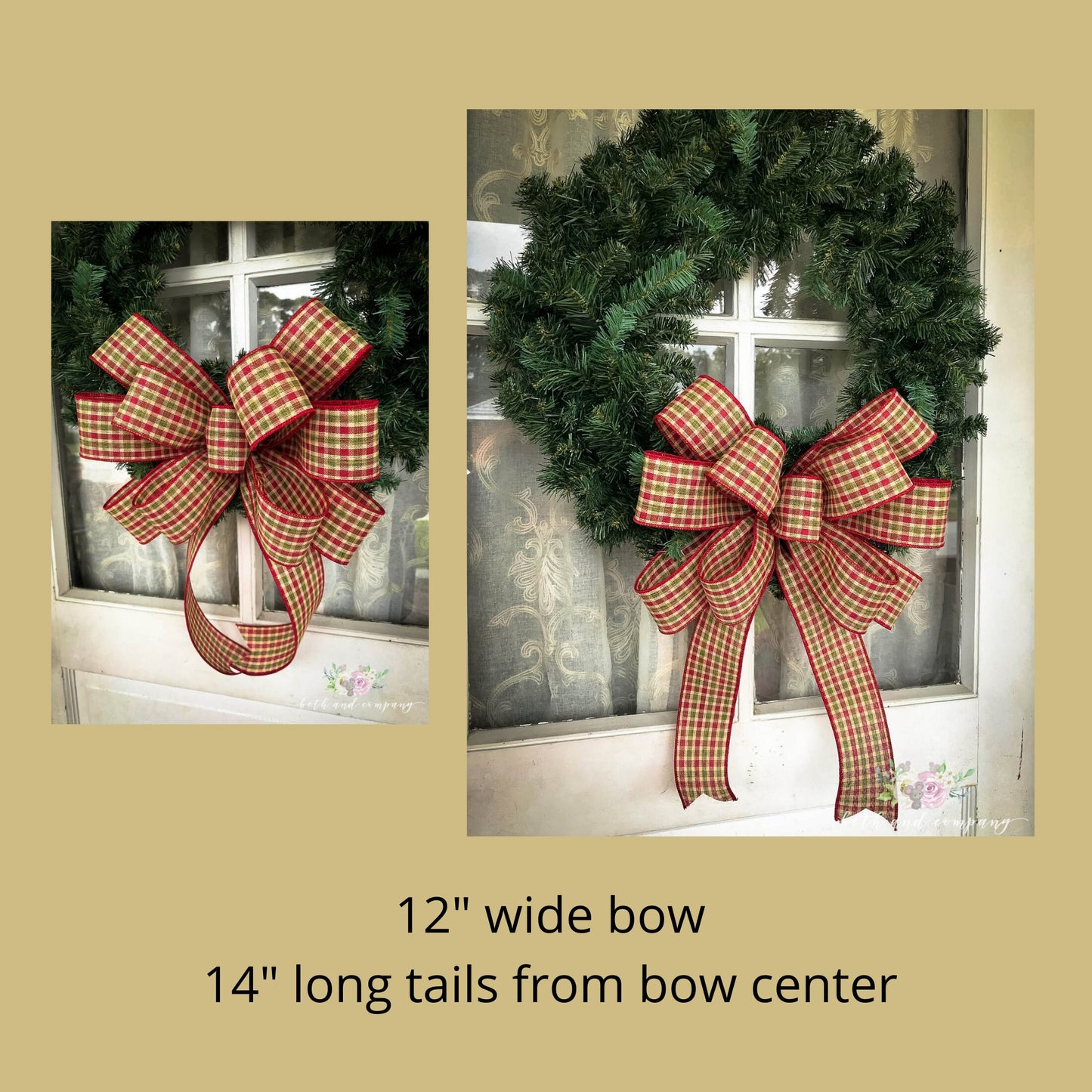 Christmas Bow, Homespun Christmas Plaid Bow, Farmhouse Christmas Wreath Bow - Beth and Company