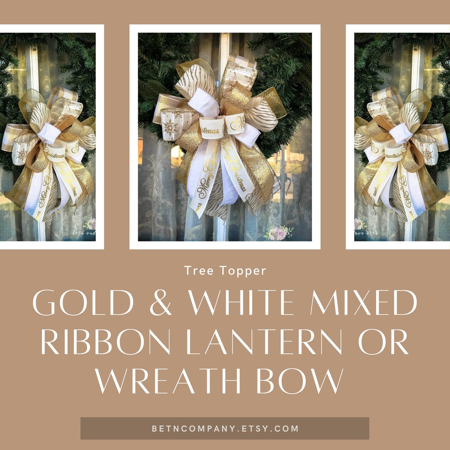 Christmas Bow, Gold and White Christmas Bow, Gold Tree Topper, Lantern Bow