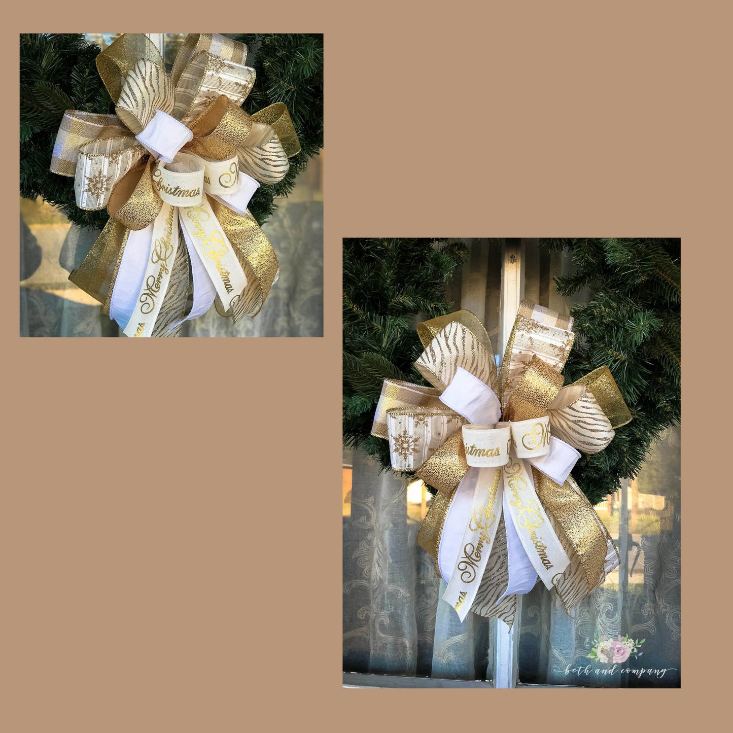Christmas Bow, Gold and White Christmas Bow, Gold Tree Topper, Lantern Bow