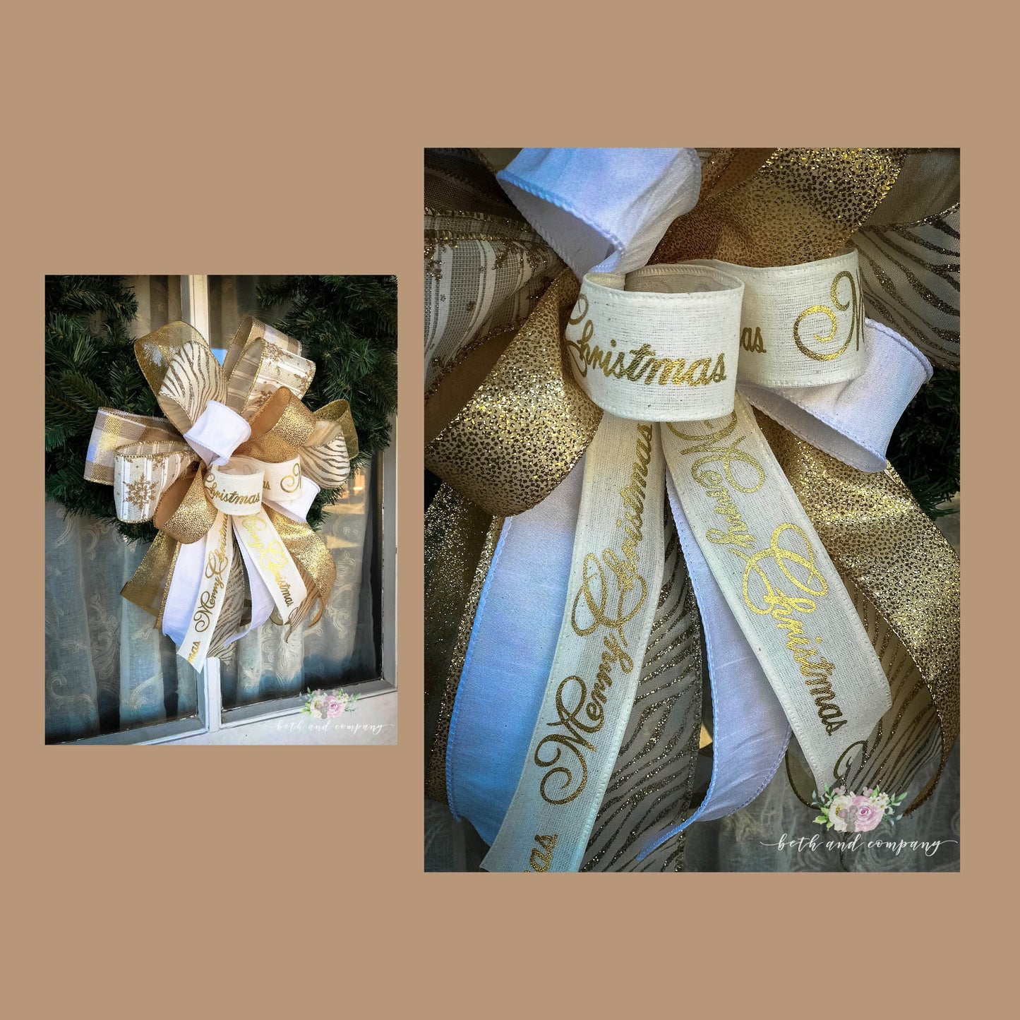 Christmas Bow, Gold and White Christmas Bow, Gold Tree Topper, Lantern Bow