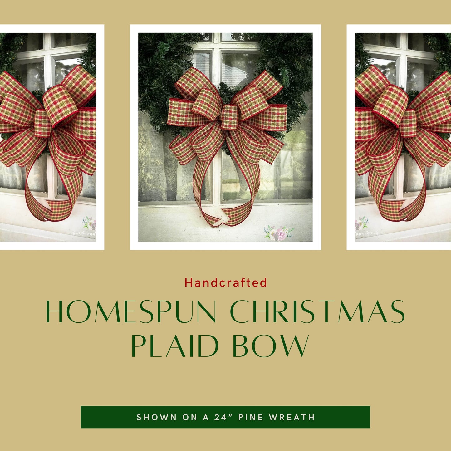 Christmas Bow, Homespun Christmas Plaid Bow, Farmhouse Christmas Wreath Bow - Beth and Company