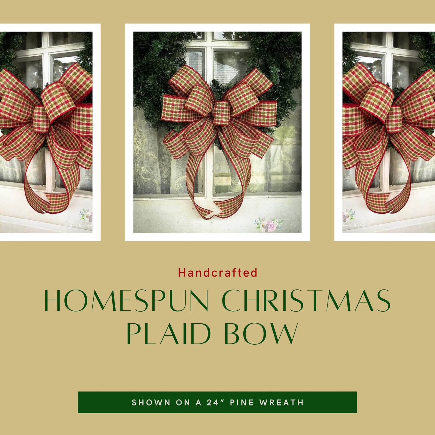 Christmas Bow, Homespun Christmas Plaid Bow, Farmhouse Christmas Wreath Bow