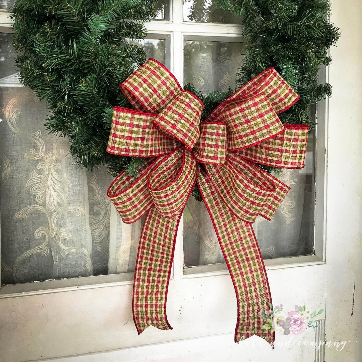 Christmas Bow, Homespun Christmas Plaid Bow, Farmhouse Christmas Wreath Bow - Beth and Company
