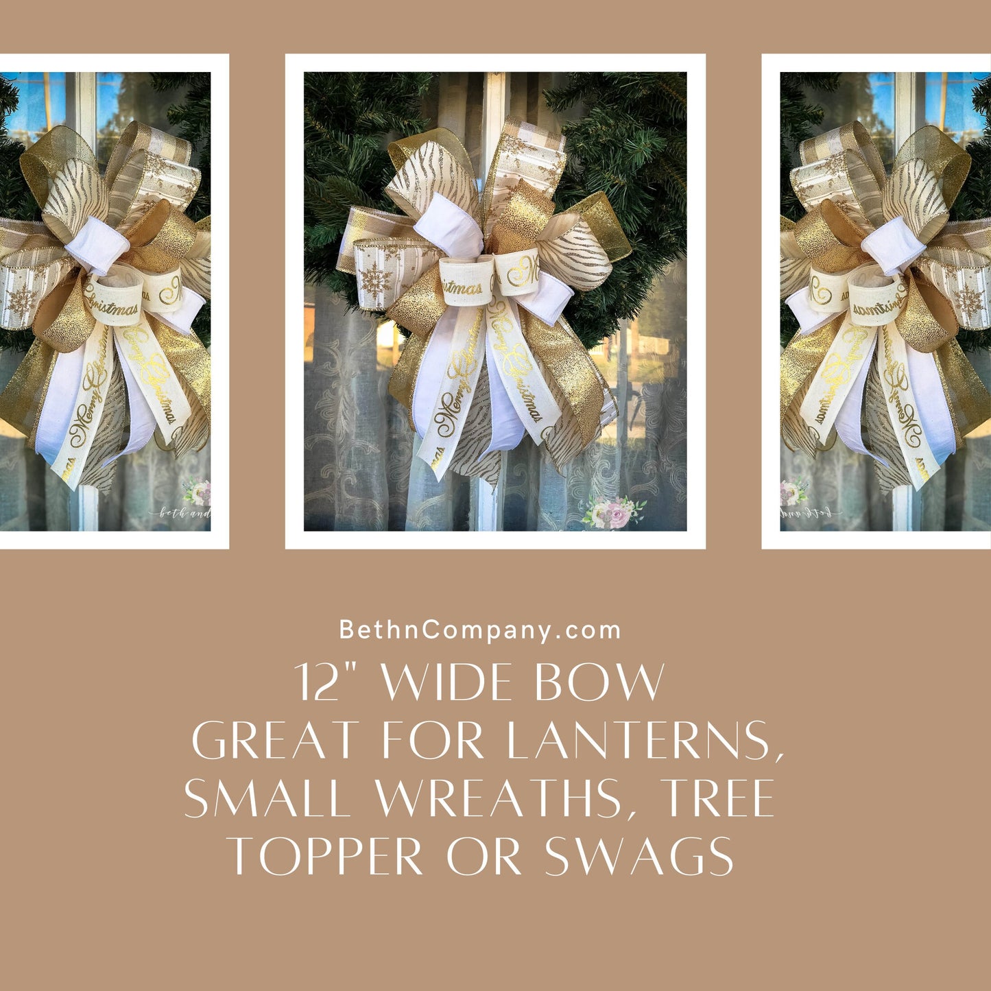 Christmas Bow, Gold and White Christmas Bow, Gold Tree Topper, Lantern Bow
