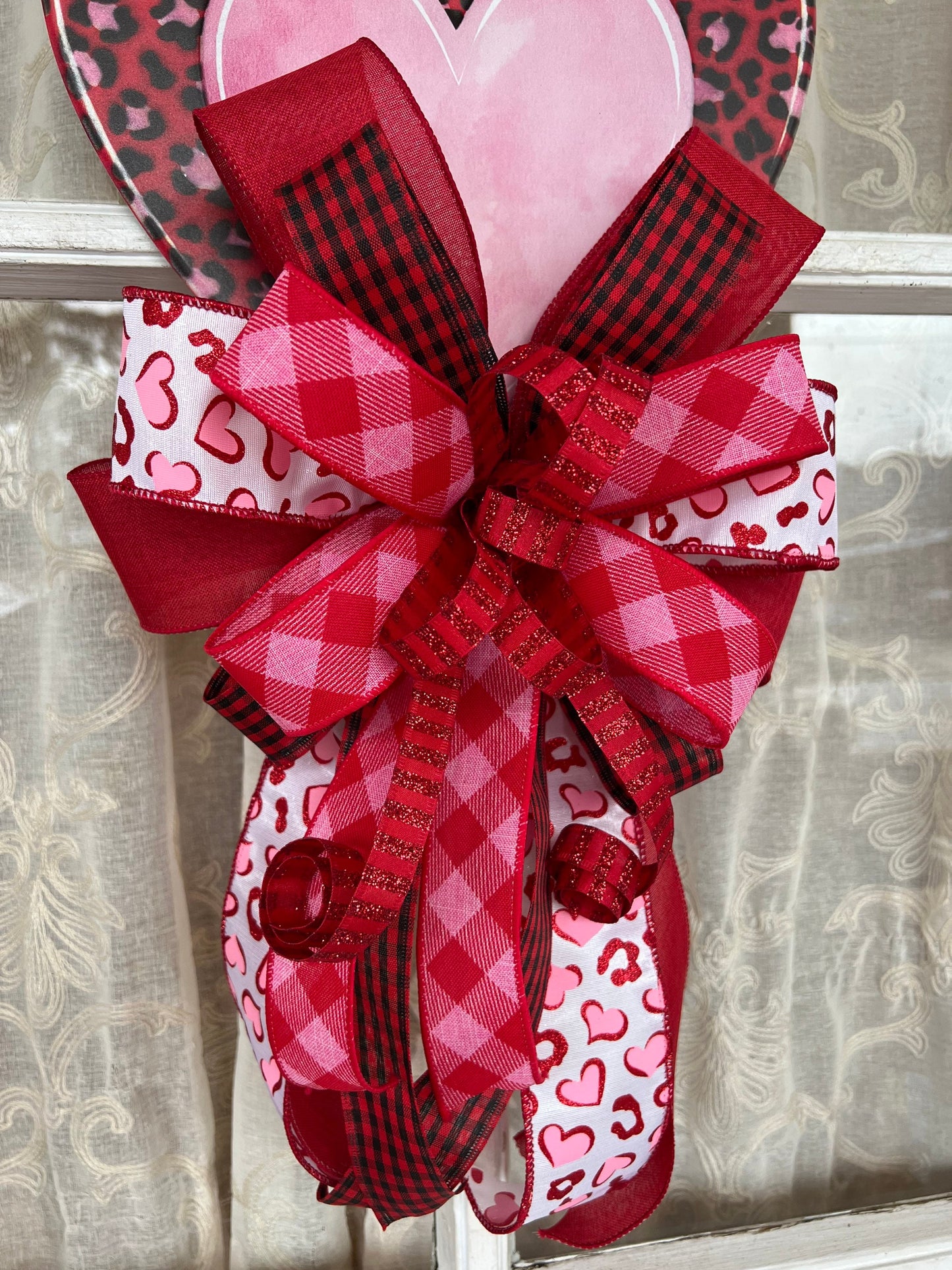 Valentine's Bow, Leopard Print Metal Heart with Valentines Bow, Valentines Day Decor for front door