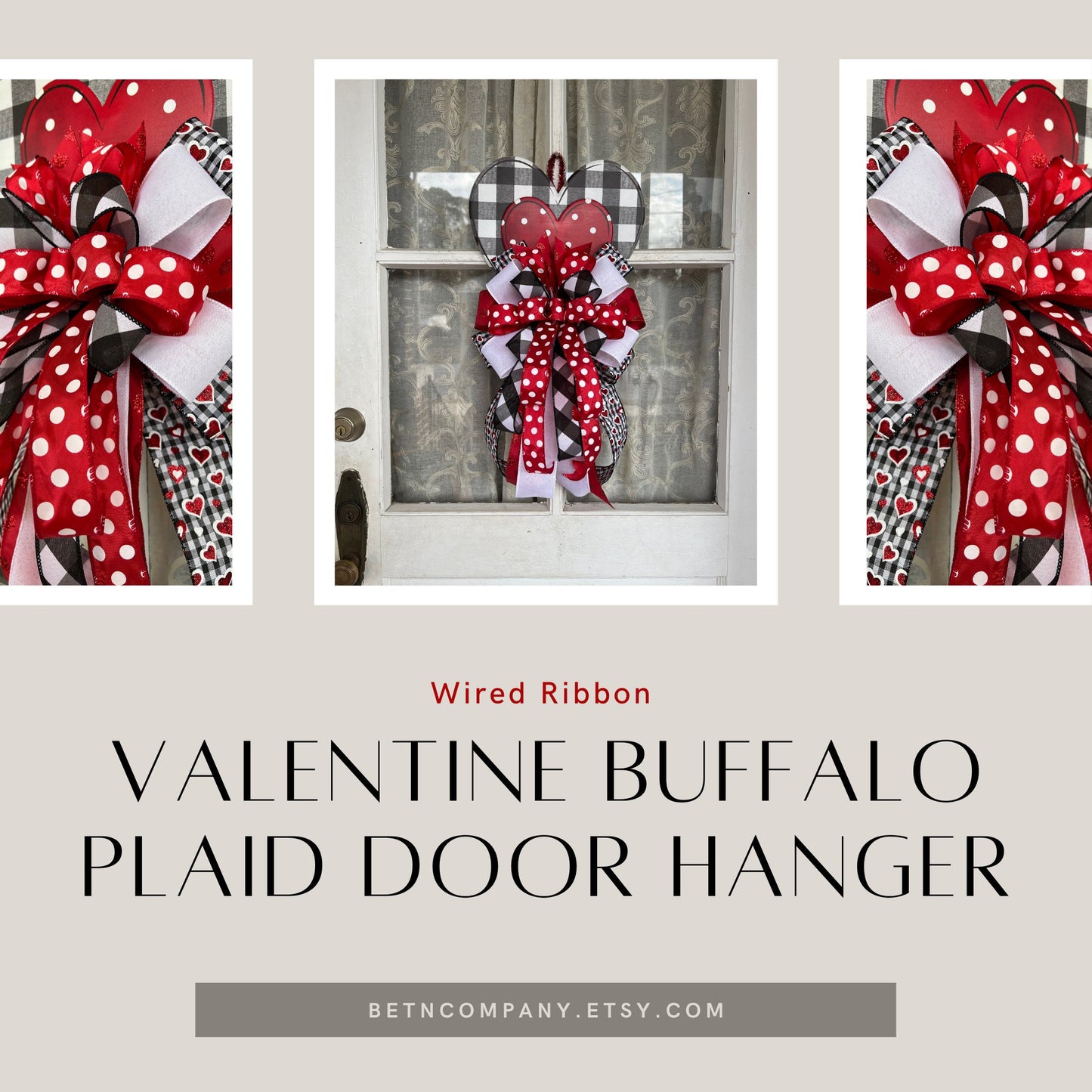 Valentine's Bow | Valentine Buffalo Plaid Door Hanger | Metal Heart with Valentines Bow | Valentines Day Decor for front door