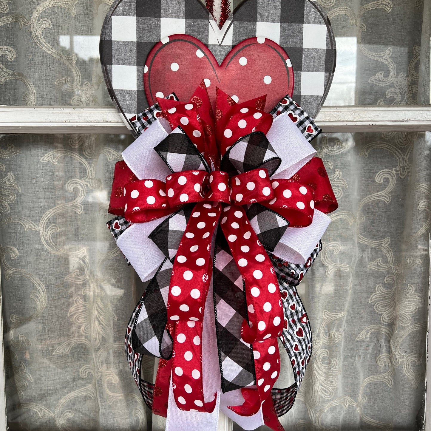 Valentine's Bow | Valentine Buffalo Plaid Door Hanger | Metal Heart with Valentines Bow | Valentines Day Decor for front door