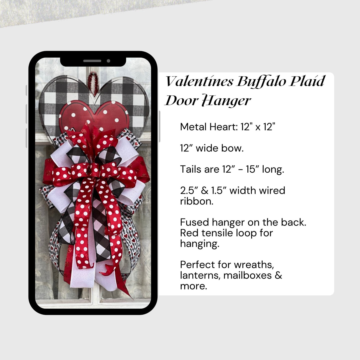 Valentine's Bow | Valentine Buffalo Plaid Door Hanger | Metal Heart with Valentines Bow | Valentines Day Decor for front door