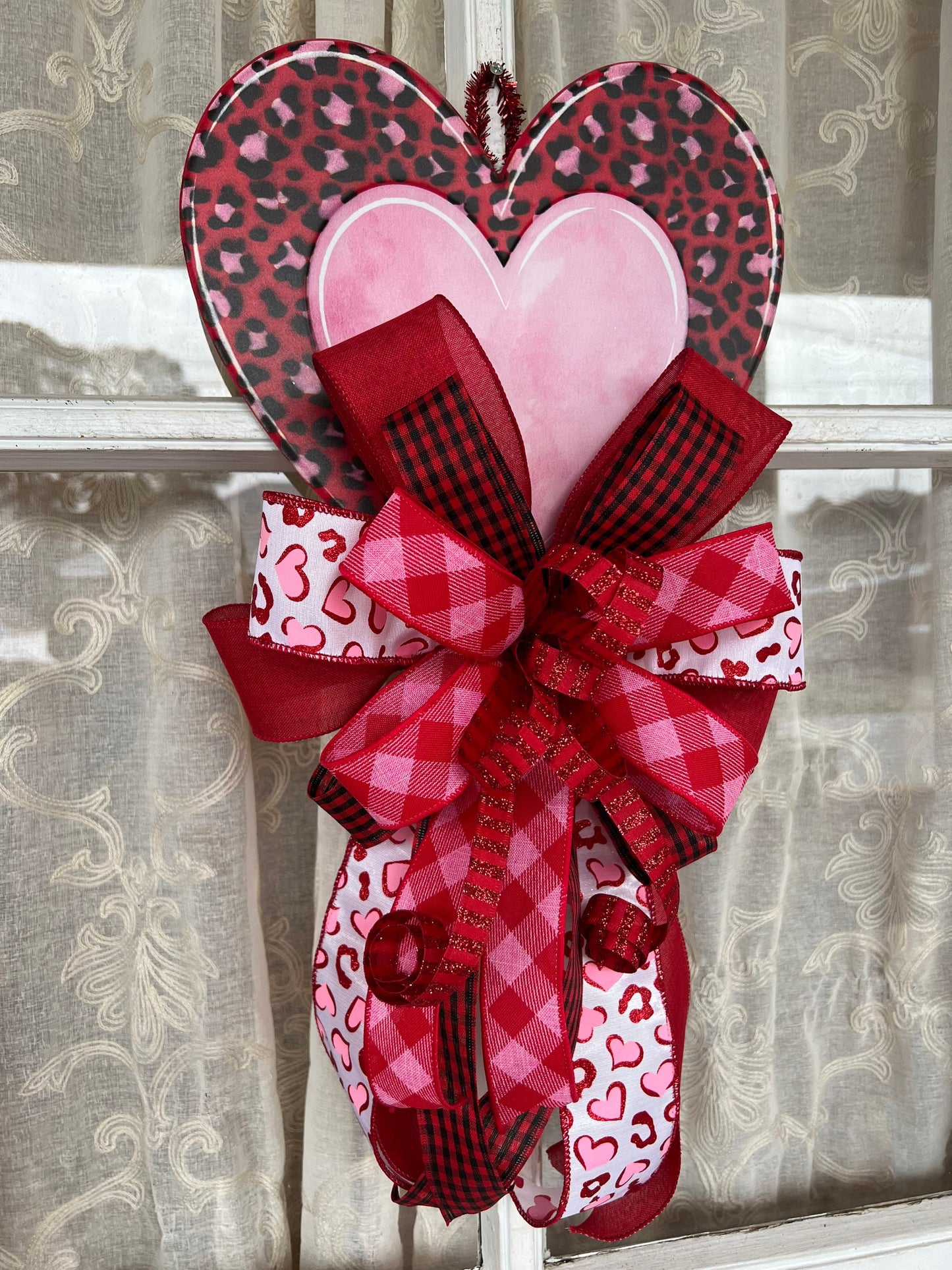 Valentine's Bow, Leopard Print Metal Heart with Valentines Bow, Valentines Day Decor for front door