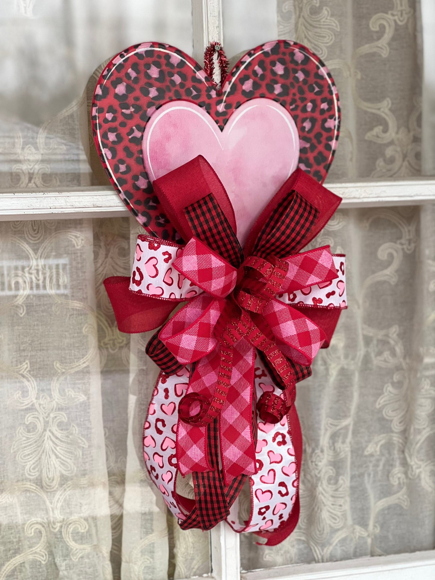 Valentine's Bow, Leopard Print Metal Heart with Valentines Bow, Valentines Day Decor for front door