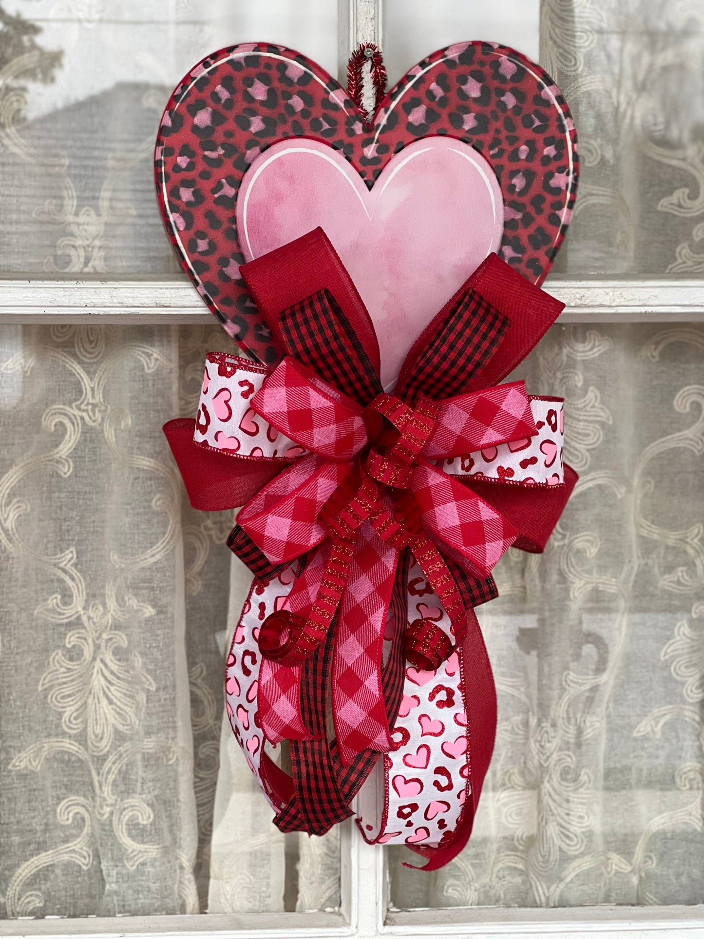 Valentine's Bow, Leopard Print Metal Heart with Valentines Bow, Valentines Day Decor for front door