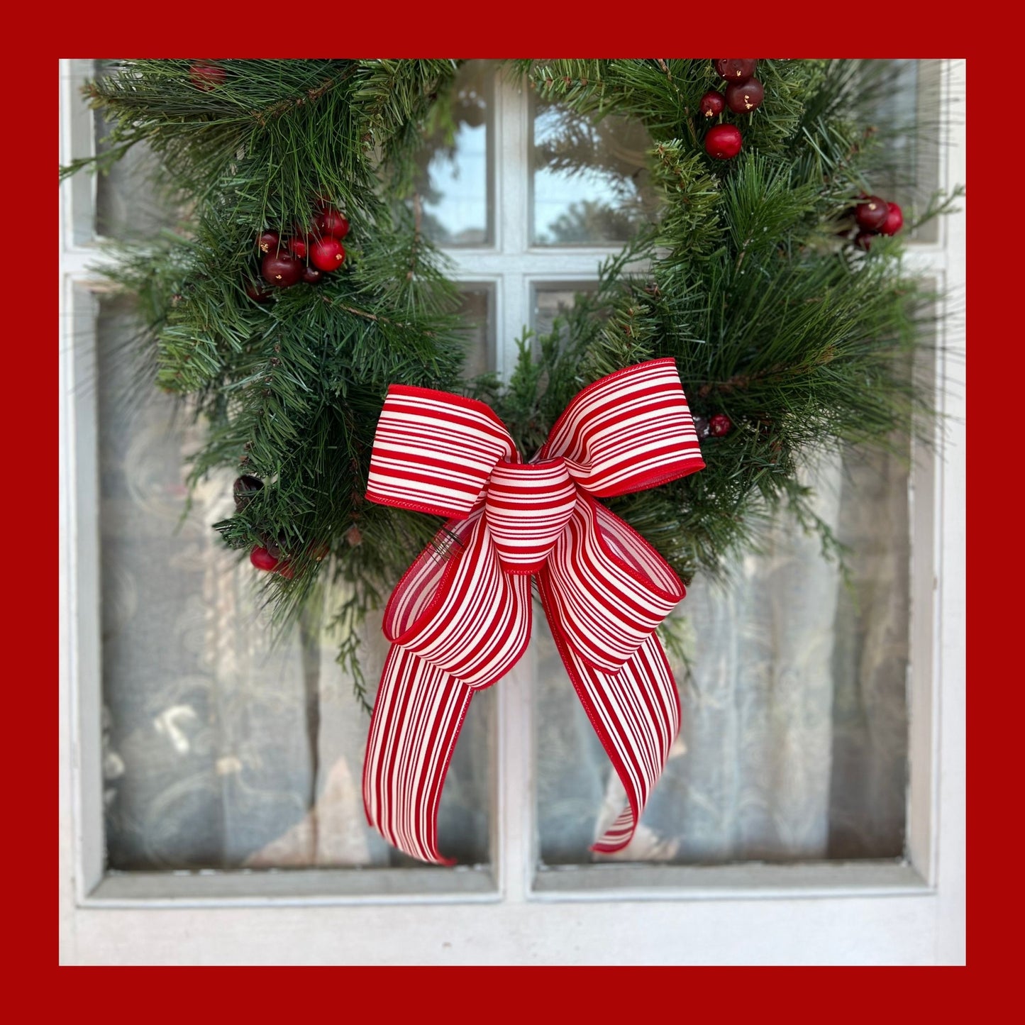 Christmas Bow / Red and White Ticking Striped Bow / Farmhouse Décor / Matching Lantern Bow