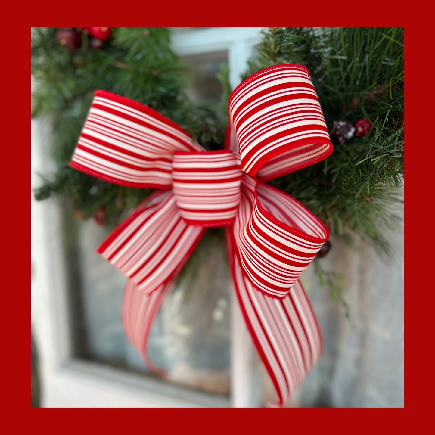 Christmas Bow / Red and White Ticking Striped Bow / Farmhouse Décor / Matching Lantern Bow