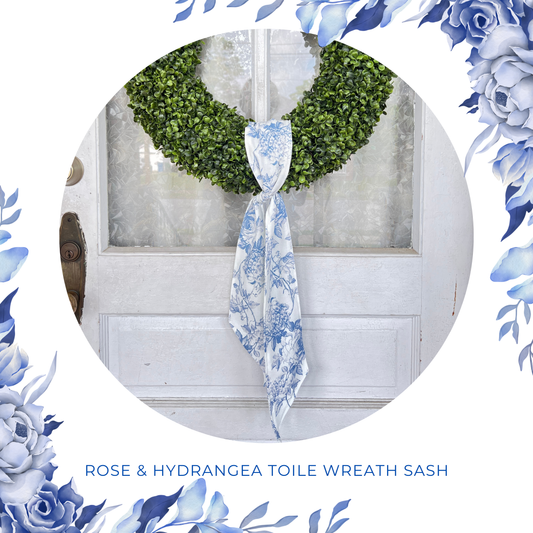Blue Rose and Hydrangea Toile Wreath Sash