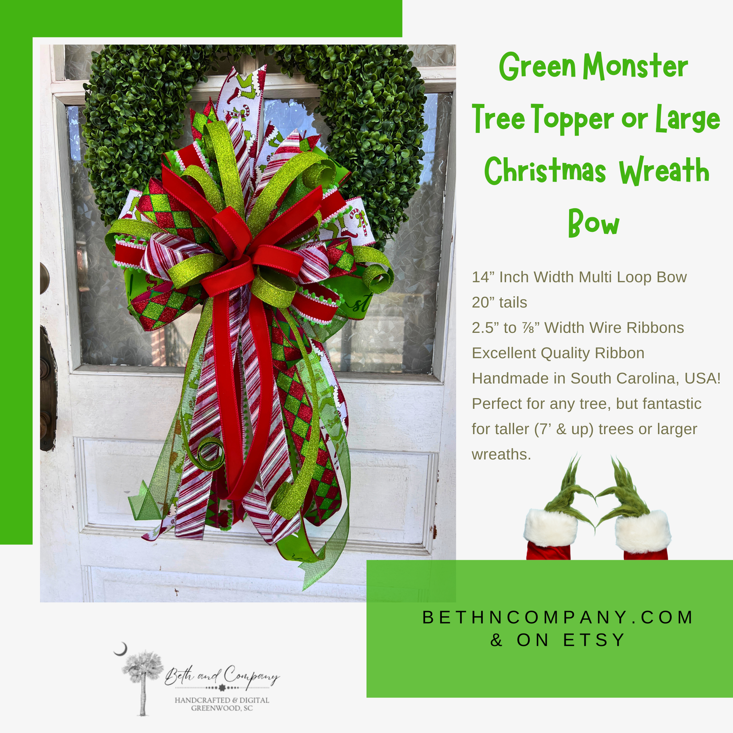 Green Whimsical Christmas Tree Topper Bow | Oversized Holiday Wreath Bow | Red & Lime Whoville Style Ribbon | Fun Festive Holiday Decor