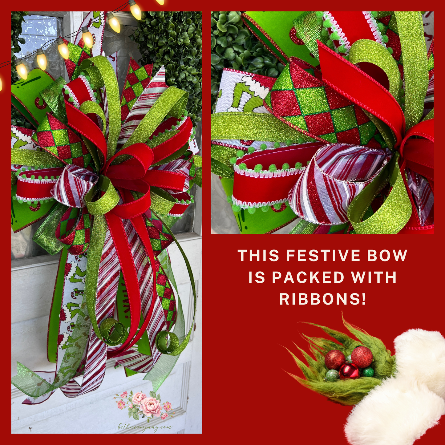 Green Whimsical Christmas Tree Topper Bow | Oversized Holiday Wreath Bow | Red & Lime Whoville Style Ribbon | Fun Festive Holiday Decor