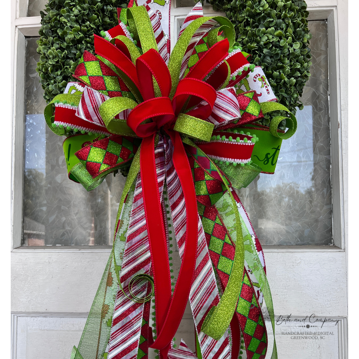 Green Whimsical Christmas Tree Topper Bow | Oversized Holiday Wreath Bow | Red & Lime Whoville Style Ribbon | Fun Festive Holiday Decor