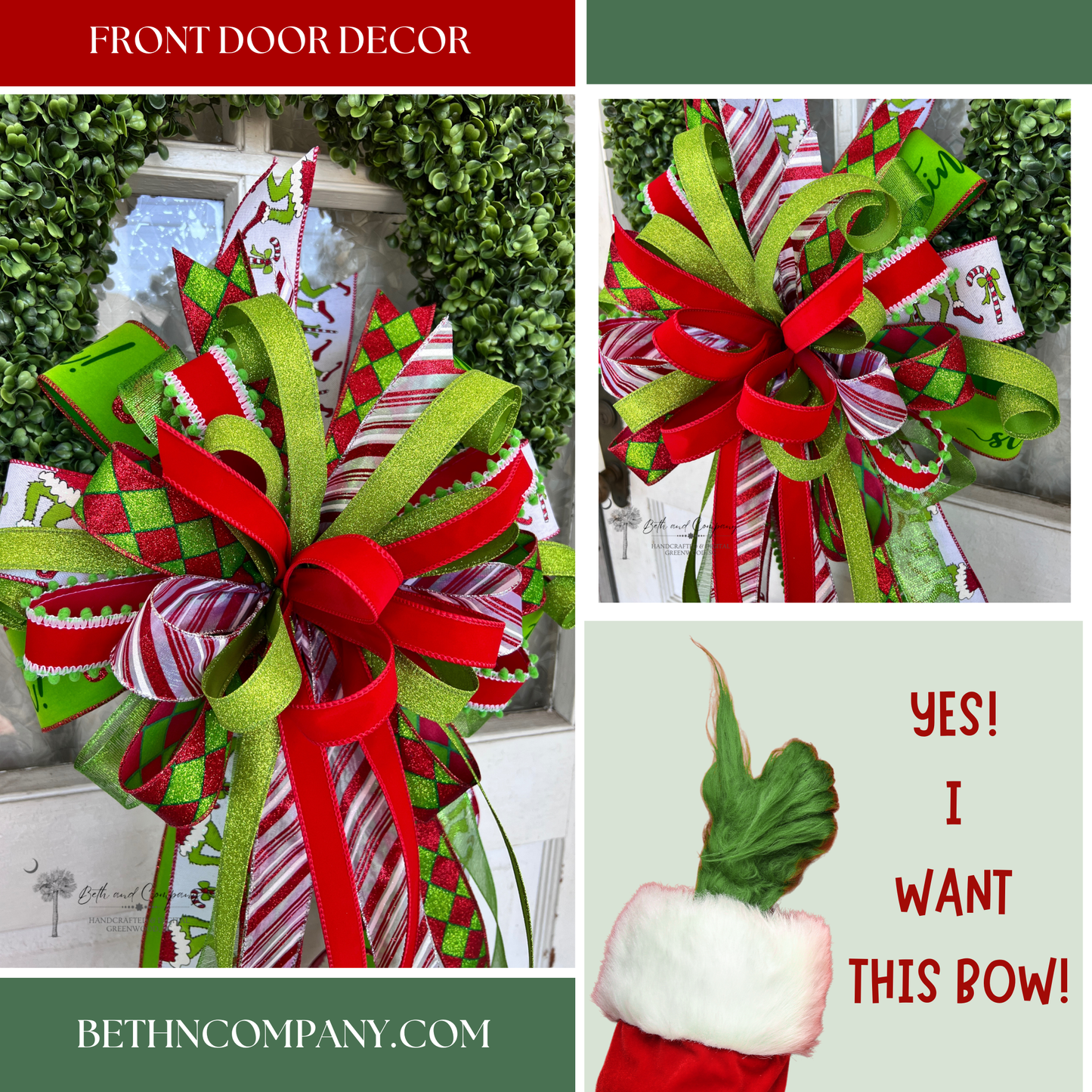 Green Whimsical Christmas Tree Topper Bow | Oversized Holiday Wreath Bow | Red & Lime Whoville Style Ribbon | Fun Festive Holiday Decor