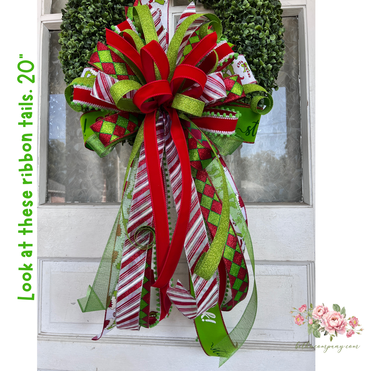 Green Whimsical Christmas Tree Topper Bow | Oversized Holiday Wreath Bow | Red & Lime Whoville Style Ribbon | Fun Festive Holiday Decor