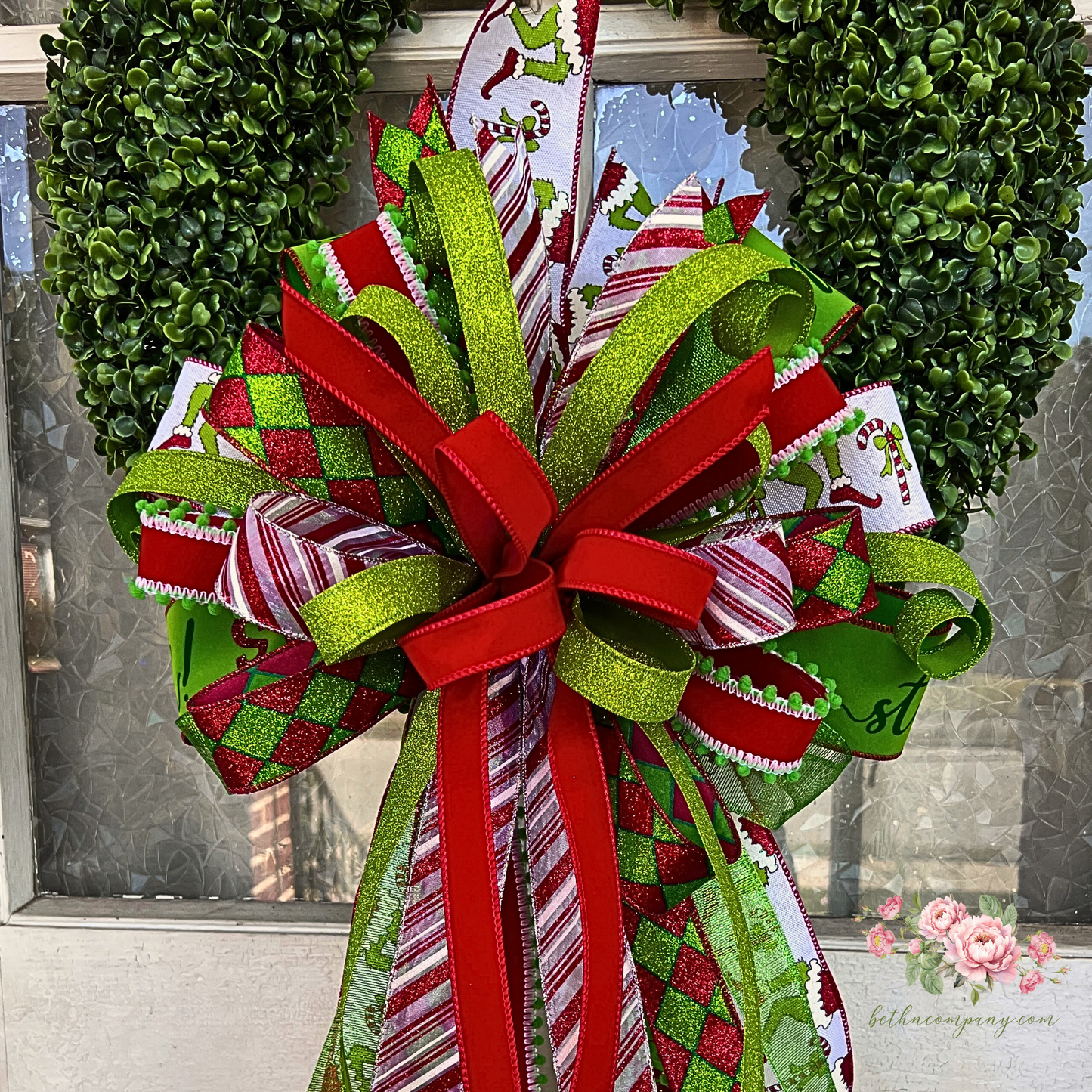 Green Whimsical Christmas Tree Topper Bow | Oversized Holiday Wreath Bow | Red & Lime Whoville Style Ribbon | Fun Festive Holiday Decor