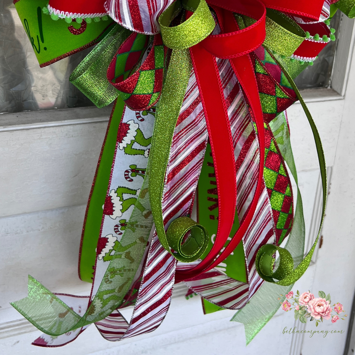 Green Whimsical Christmas Tree Topper Bow | Oversized Holiday Wreath Bow | Red & Lime Whoville Style Ribbon | Fun Festive Holiday Decor