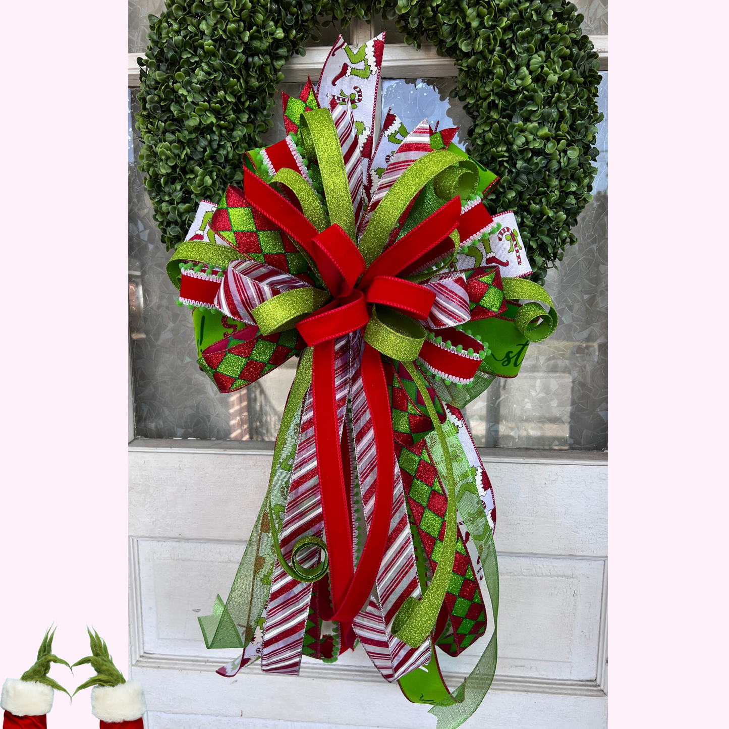 Green Whimsical Christmas Tree Topper Bow | Oversized Holiday Wreath Bow | Red & Lime Whoville Style Ribbon | Fun Festive Holiday Decor