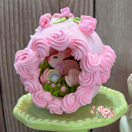 Sugar Egg - Extra Small Pink Sugar Egg with Rose Bud Bouquet and Bunny inside