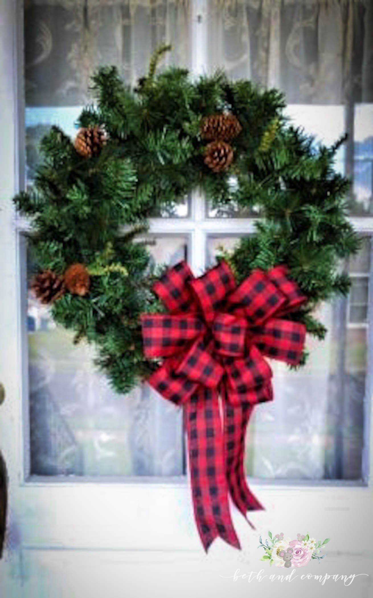 Red and Black Buffalo Plaid Wreath Bow, Thin Profile Bow, Christmas Lodge Wreath Bow, Rustic Wreath Bow, Mailbox Swag Bow