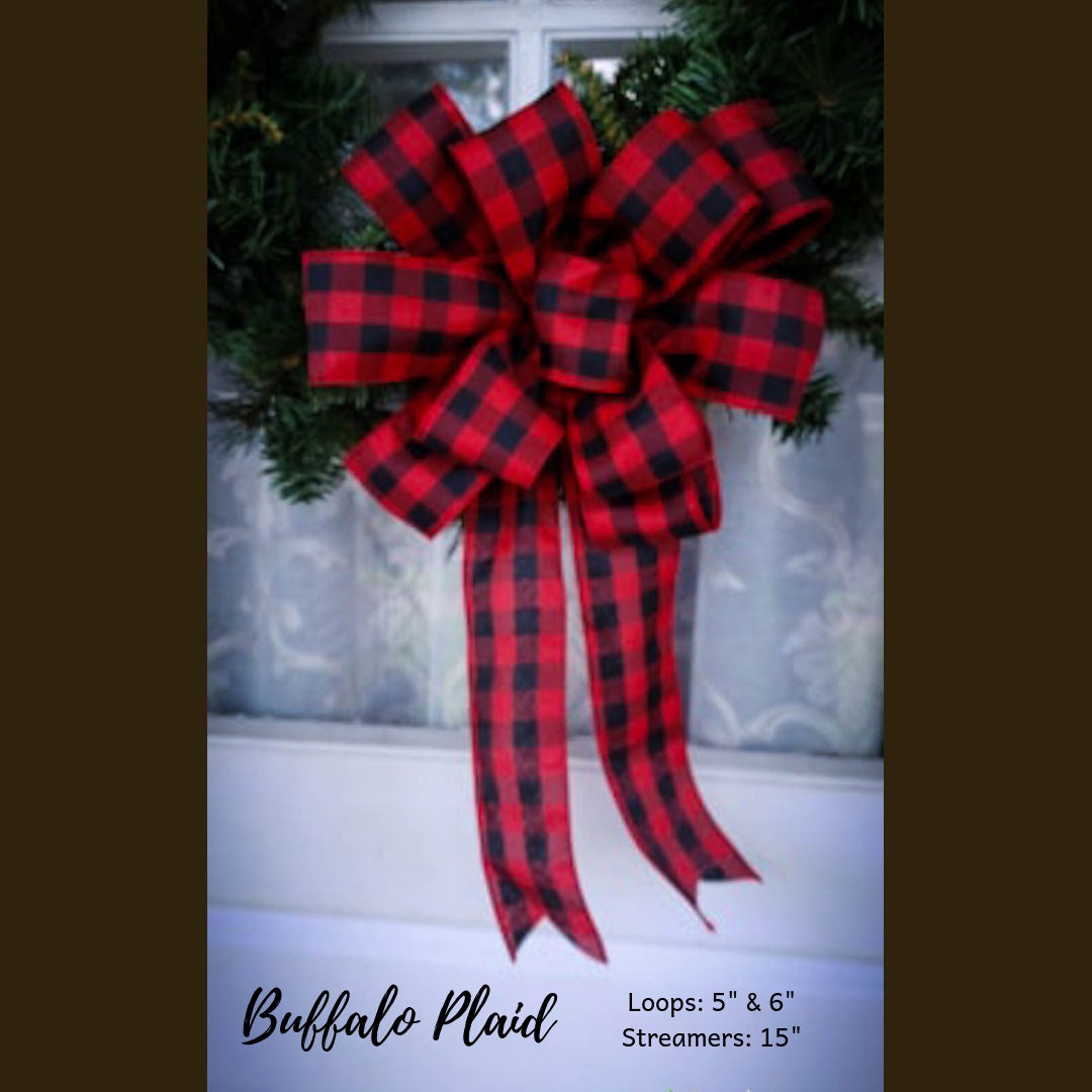 Red and Black Buffalo Plaid Wreath Bow, Thin Profile Bow, Christmas Lodge Wreath Bow, Rustic Wreath Bow, Mailbox Swag Bow