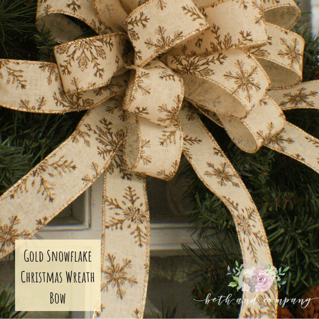 Gold Snowflake Christmas wreath bow Christmas Wreath Bow Glitter Snowflakes wreath bow Christmas bows for wreaths Christmas Tree Topper