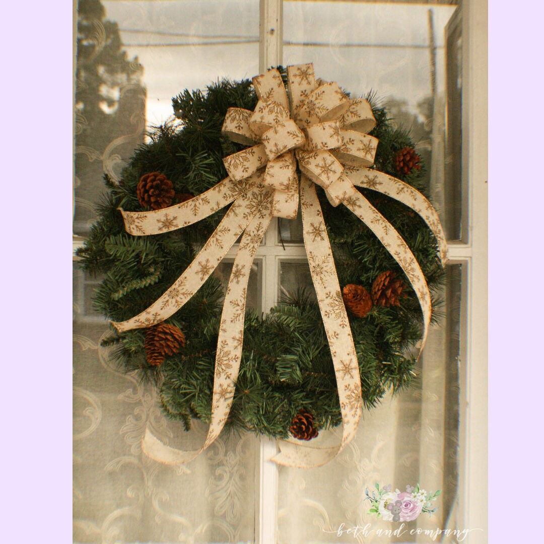 Gold Snowflake Christmas wreath bow Christmas Wreath Bow Glitter Snowflakes wreath bow Christmas bows for wreaths Christmas Tree Topper
