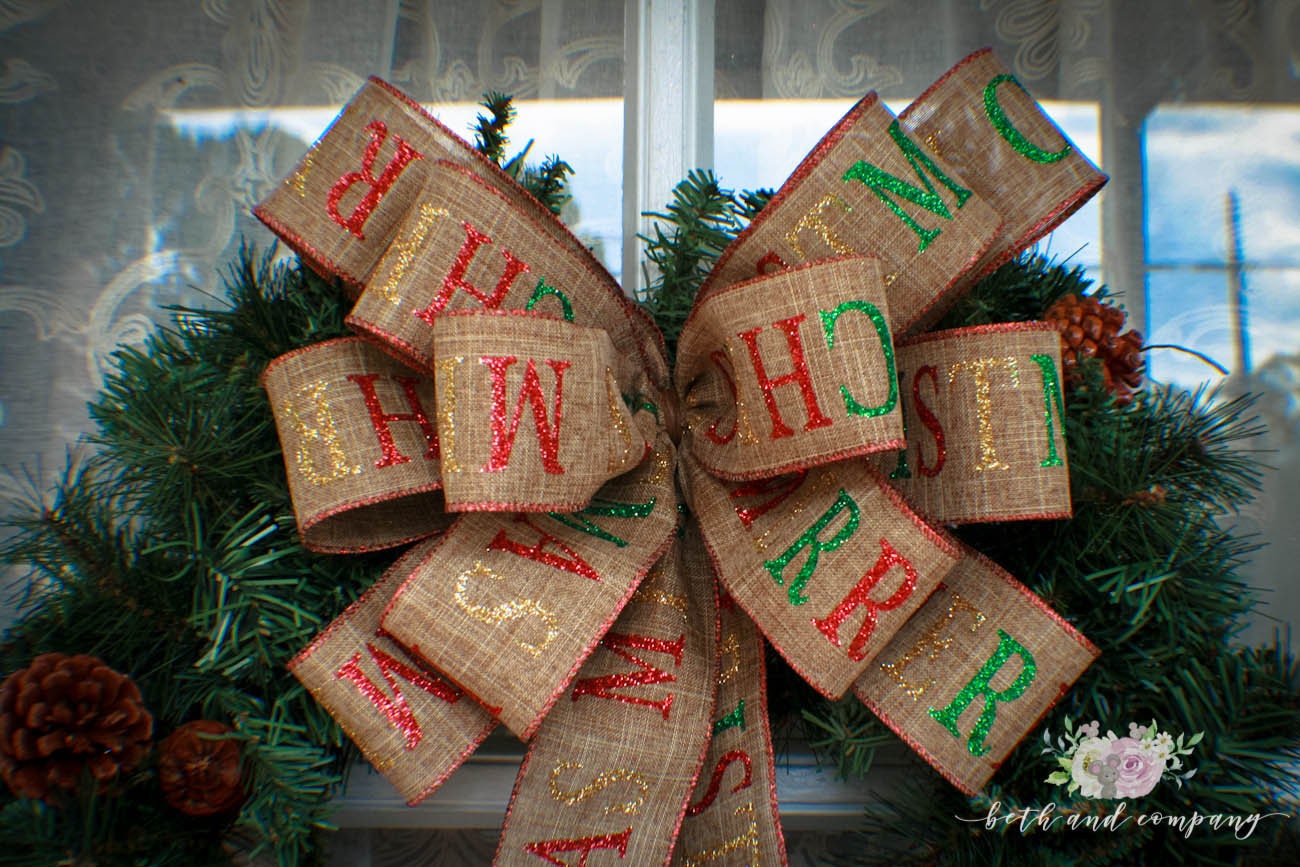 Large Merry Christmas Farmhouse Wreath Bow, Thin Profile Bow, Rustic Wreath Bow, Mailbox Swag Bow, Holiday Decorations