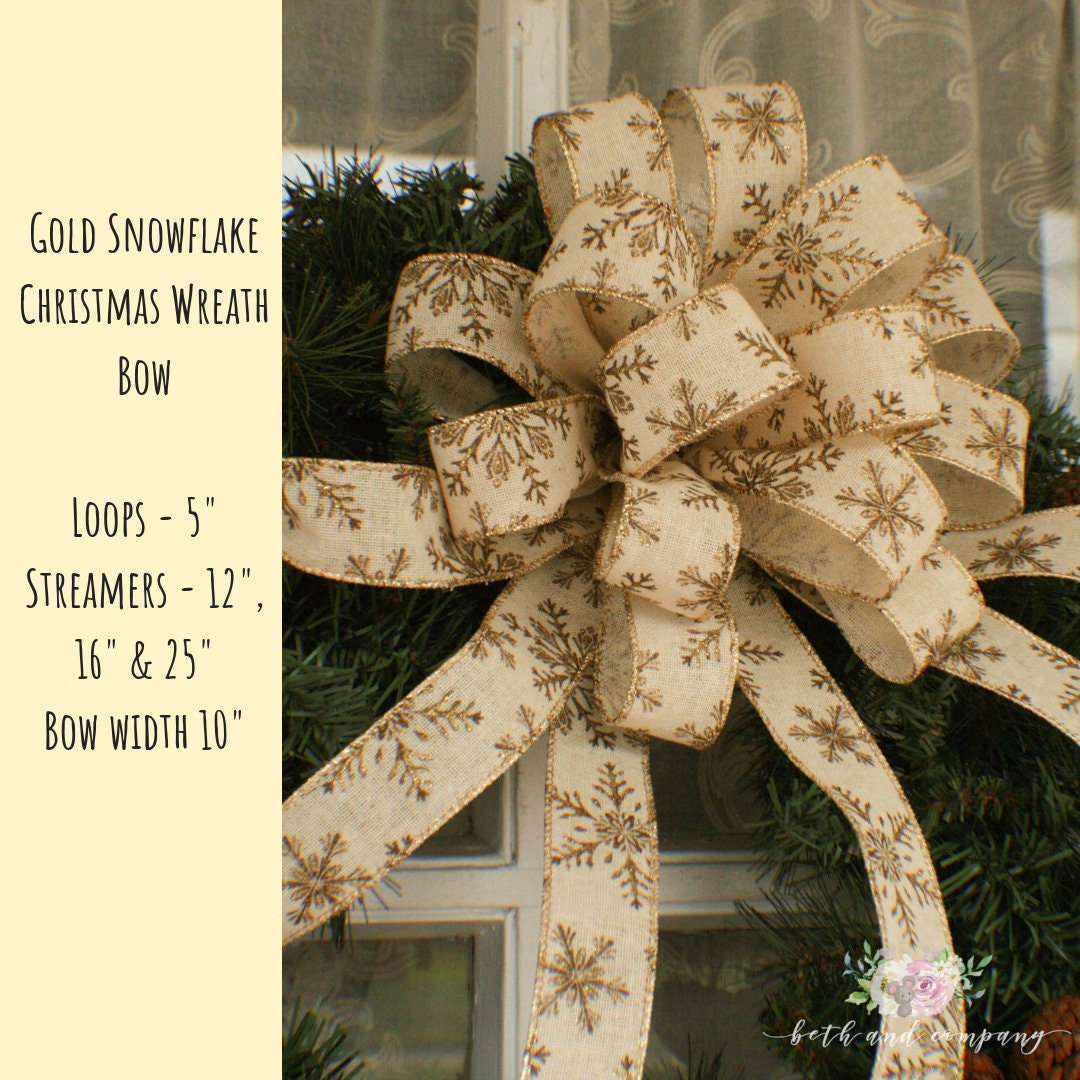 Gold Snowflake Christmas wreath bow Christmas Wreath Bow Glitter Snowflakes wreath bow Christmas bows for wreaths Christmas Tree Topper