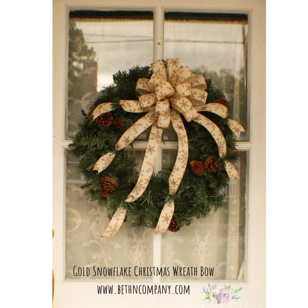 Gold Snowflake Christmas wreath bow Christmas Wreath Bow Glitter Snowflakes wreath bow Christmas bows for wreaths Christmas Tree Topper