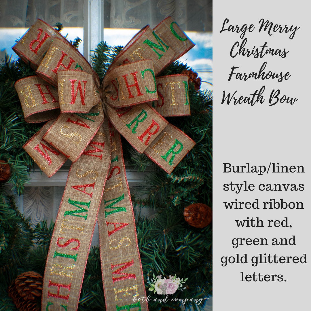 Large Merry Christmas Farmhouse Wreath Bow, Thin Profile Bow, Rustic Wreath Bow, Mailbox Swag Bow, Holiday Decorations