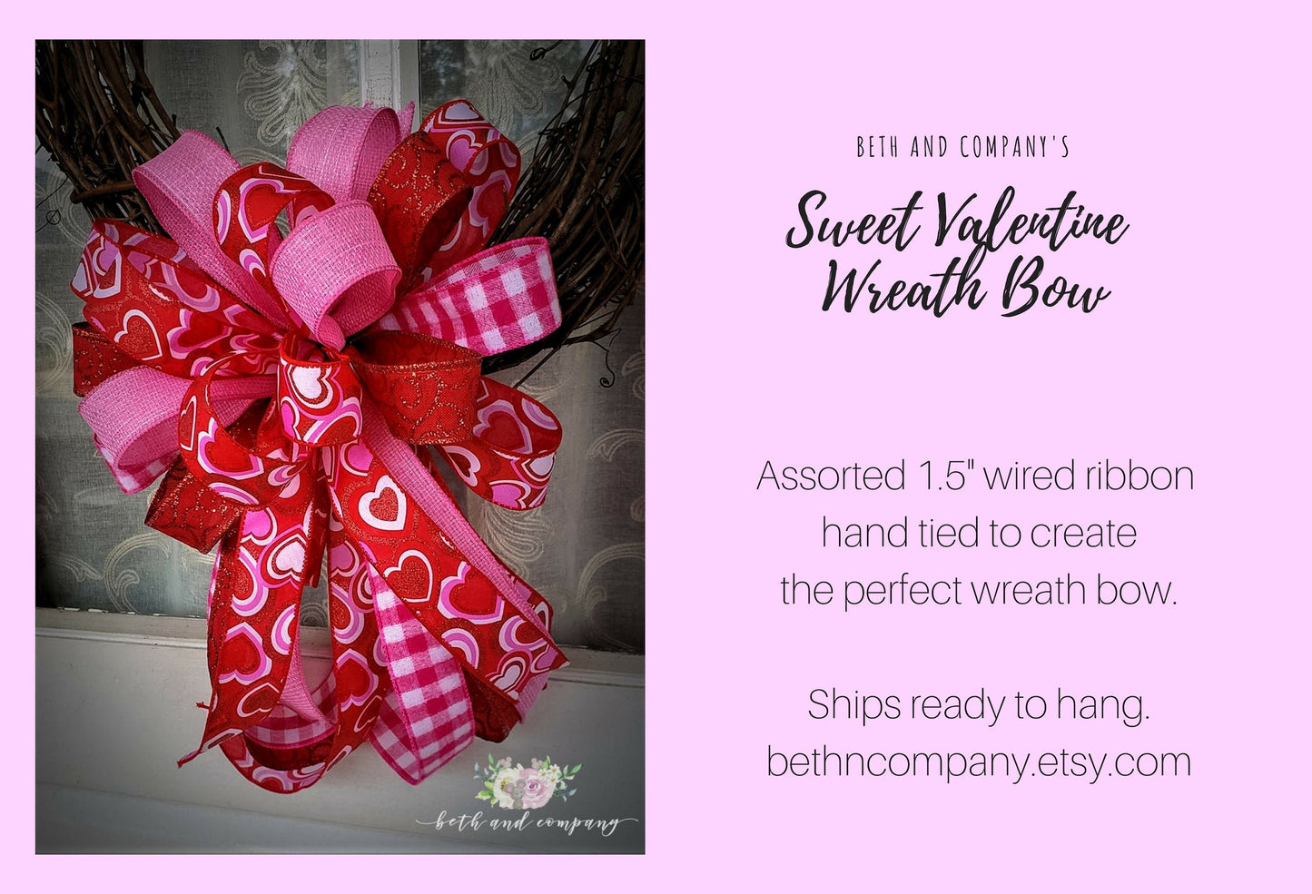 Valentine's Day Wreath Bow, Sweet Valentine Wreath Bow, Valentines Day Decor for front door, Mixed Ribbon wreath bow