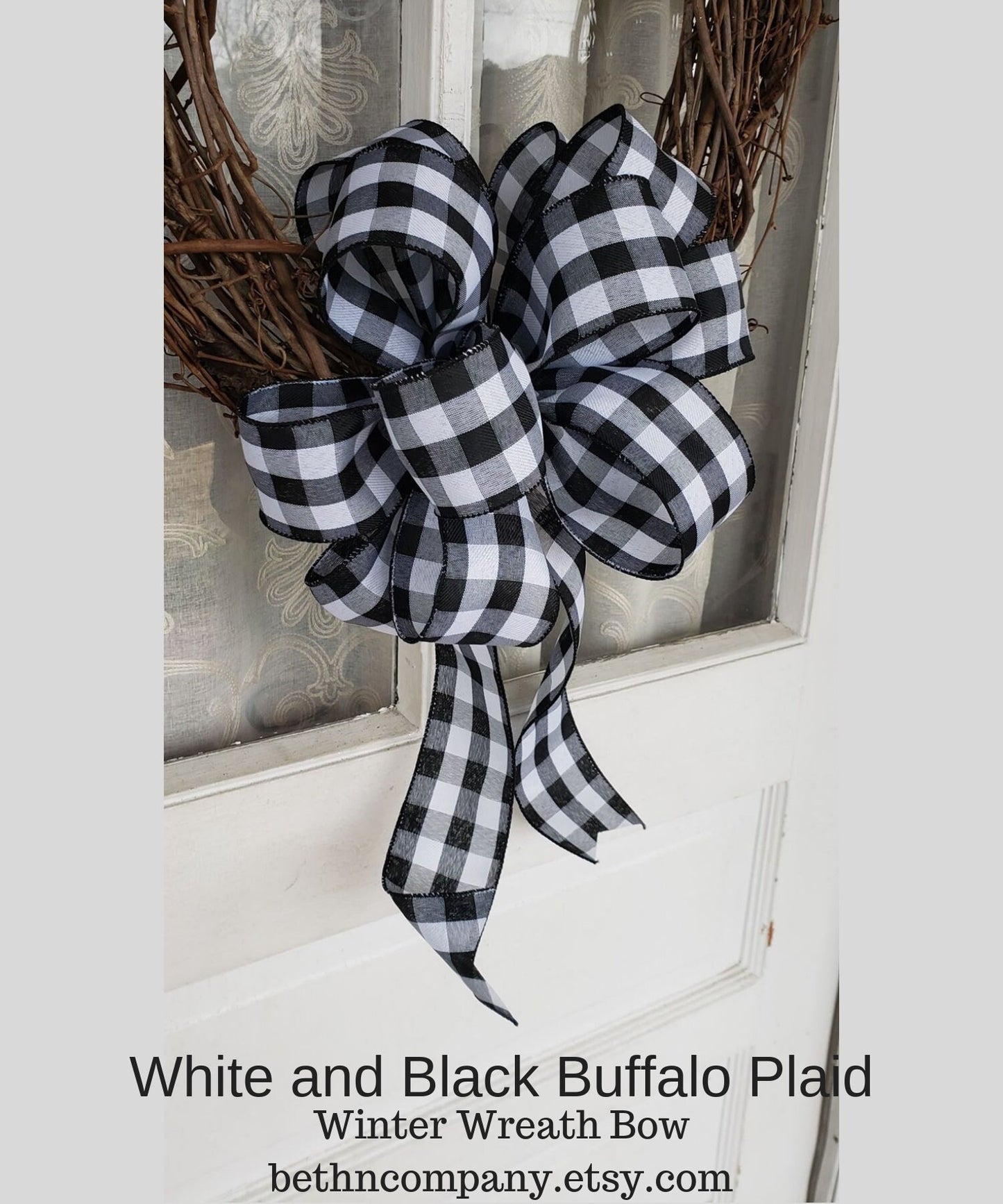 White and Black Buffalo Plaid Wreath Bow Farmhouse Bow for Front Door Decor
