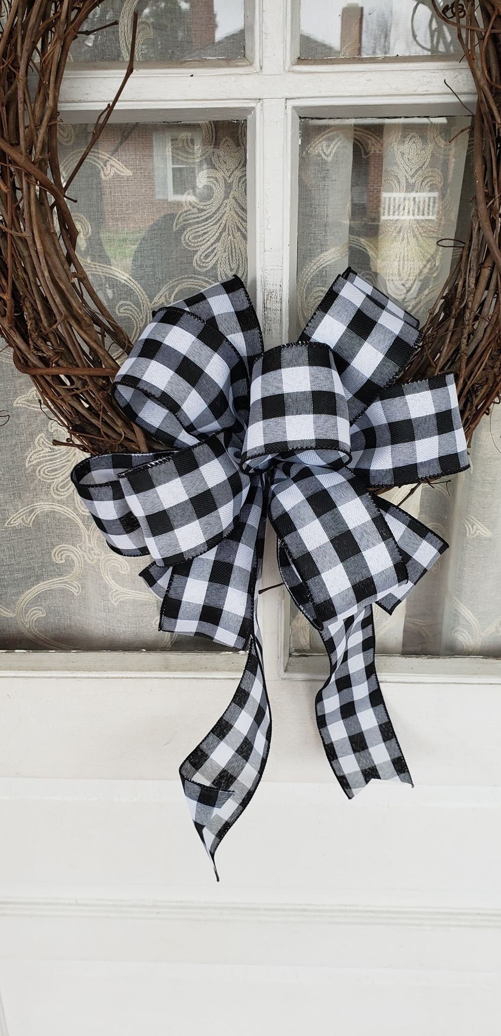 White and Black Buffalo Plaid Wreath Bow Farmhouse Bow for Front Door Decor