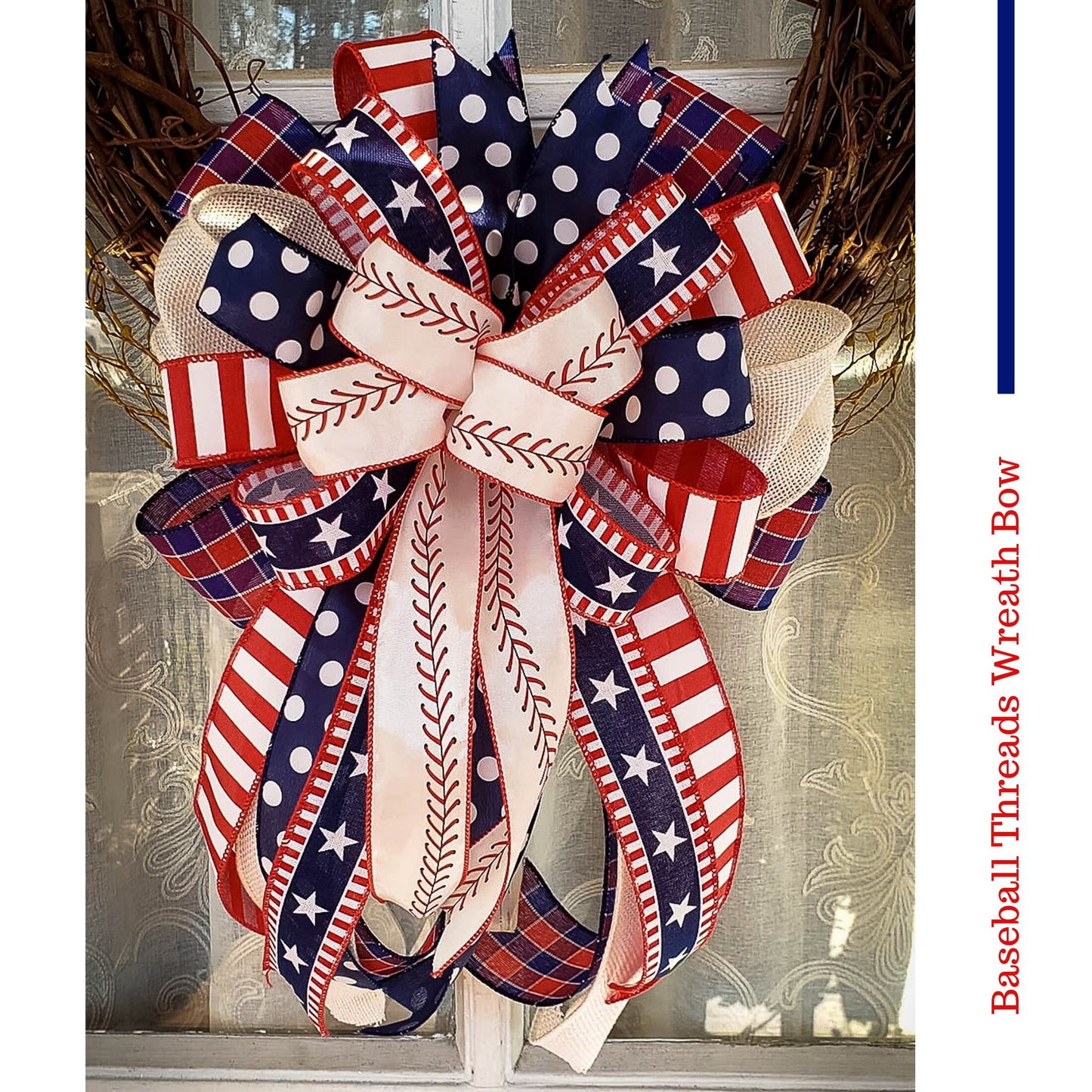 Patriotic Bow Baseball Threads Wreath Bow Red White and Blue bow Labor Day American Patriotic Decor Eagle Scout Decor