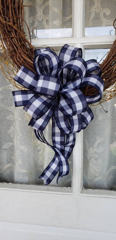 Buffalo Plaid Wreath Bow Farmhouse plaid bow for front door wreath 1.5" width wired ribbon Navy Black Red or Grey