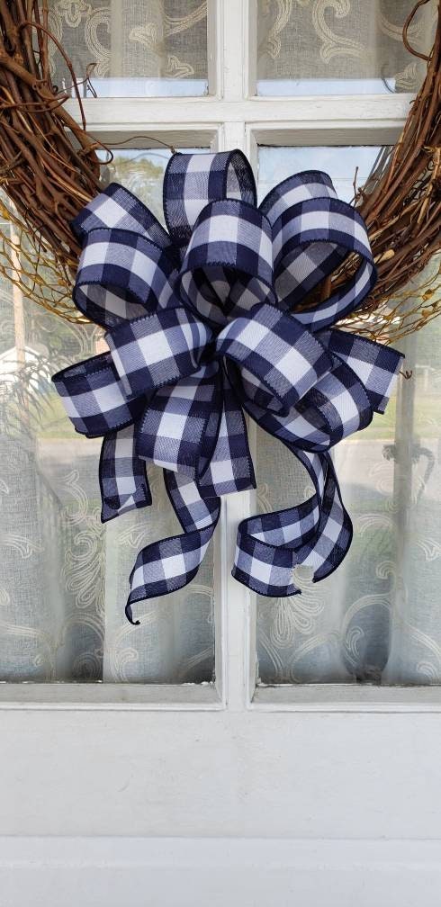 Buffalo Plaid Wreath Bow Farmhouse plaid bow for front door wreath 1.5" width wired ribbon Navy Black Red or Grey