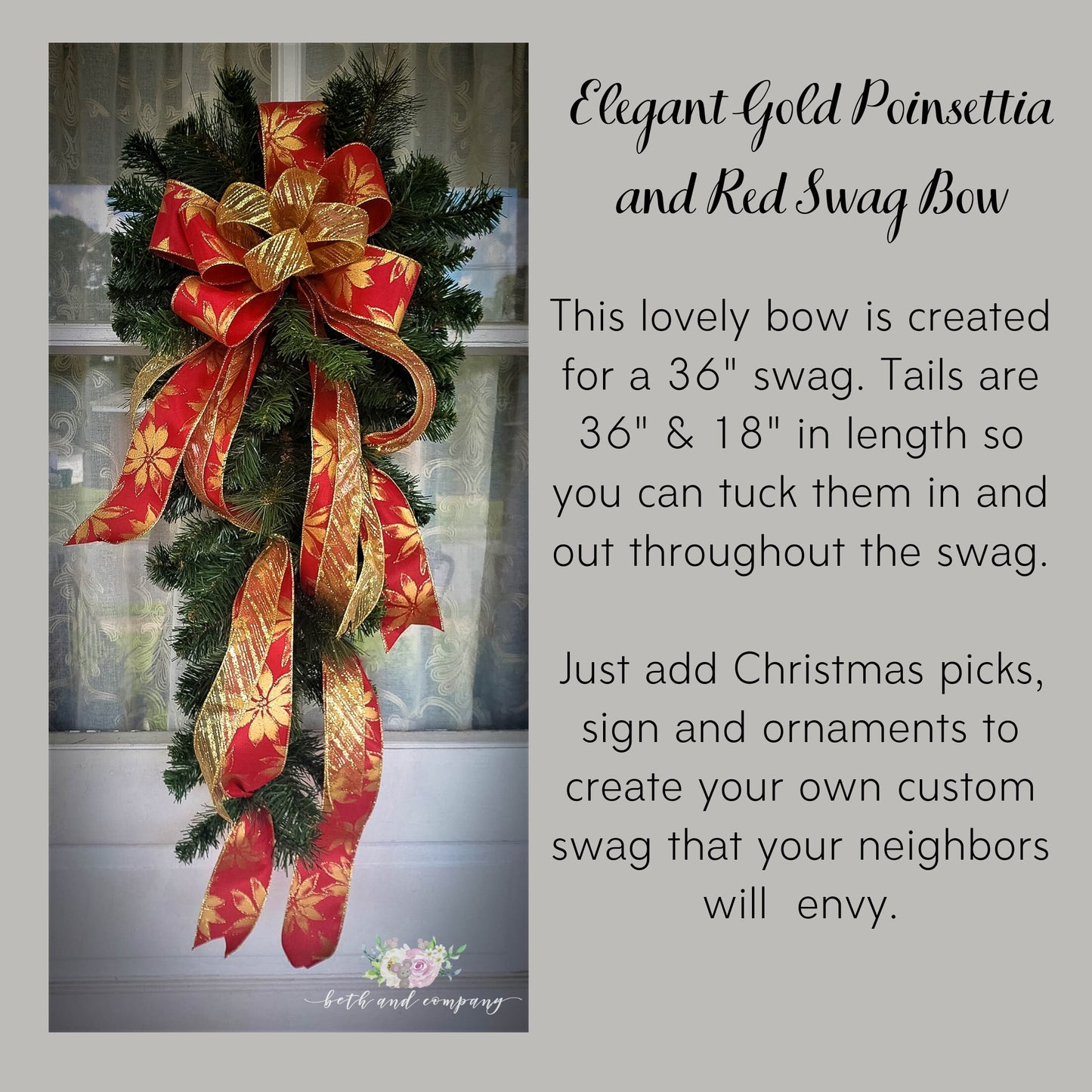 Gold Poinsettia and Red Swag Bow, Elegant Christmas Swag Bow