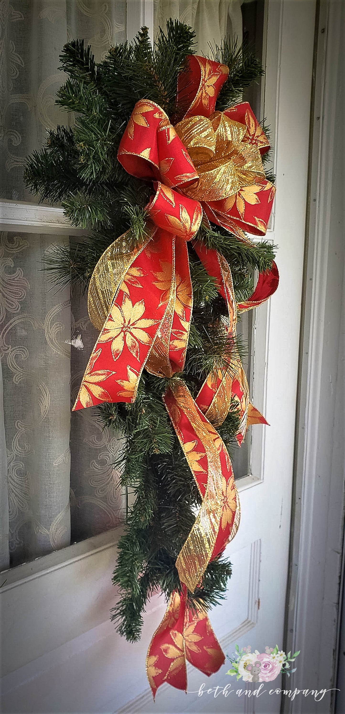 Gold Poinsettia and Red Swag Bow, Elegant Christmas Swag Bow