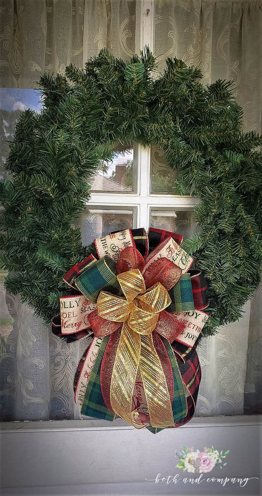 Red Green and Gold Christmas Wreath Bow Christmas Bow for Front Door Tree Topper
