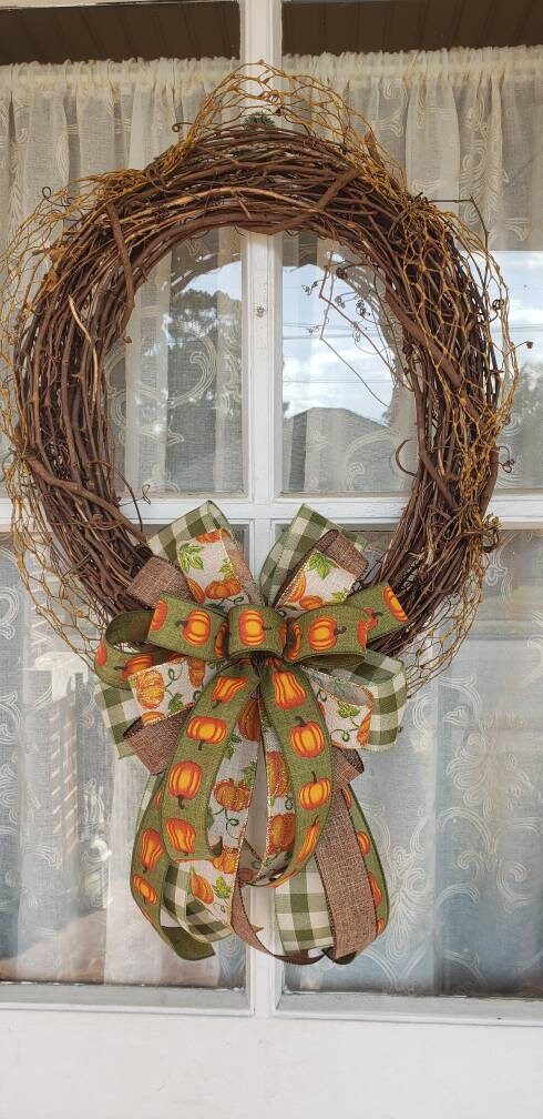 Fall Bow Pumpkin and Moss Green Plaid for Fall Wreath