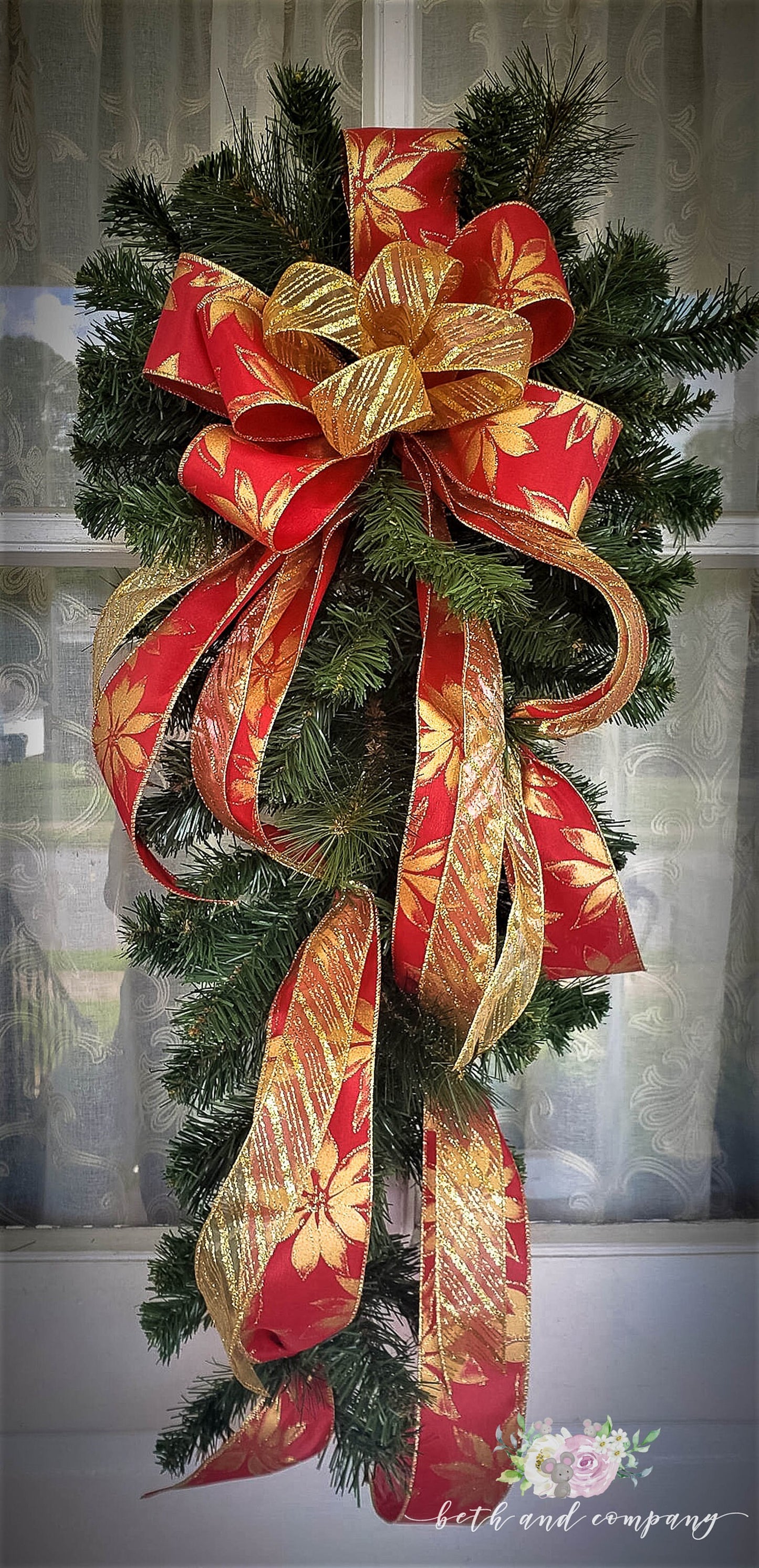 Gold Poinsettia and Red Swag Bow, Elegant Christmas Swag Bow