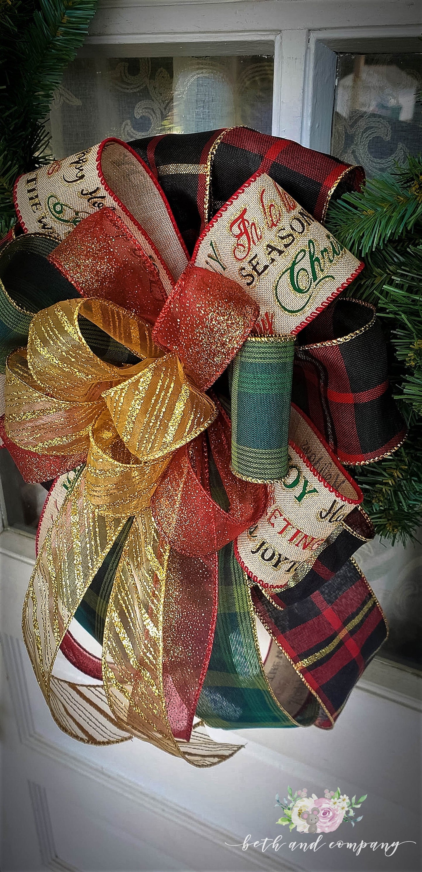 Red Green and Gold Christmas Wreath Bow Christmas Bow for Front Door Tree Topper