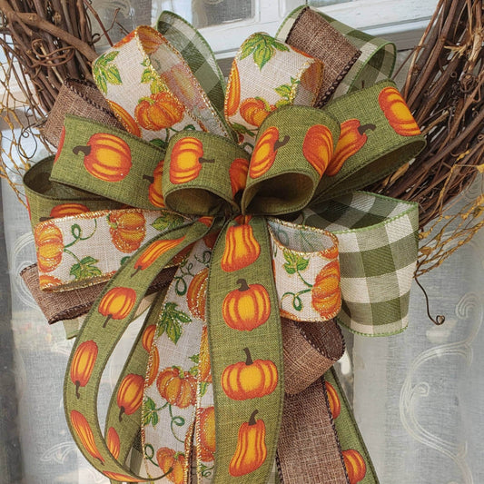 Fall Bow Pumpkin and Moss Green Plaid for Fall Wreath
