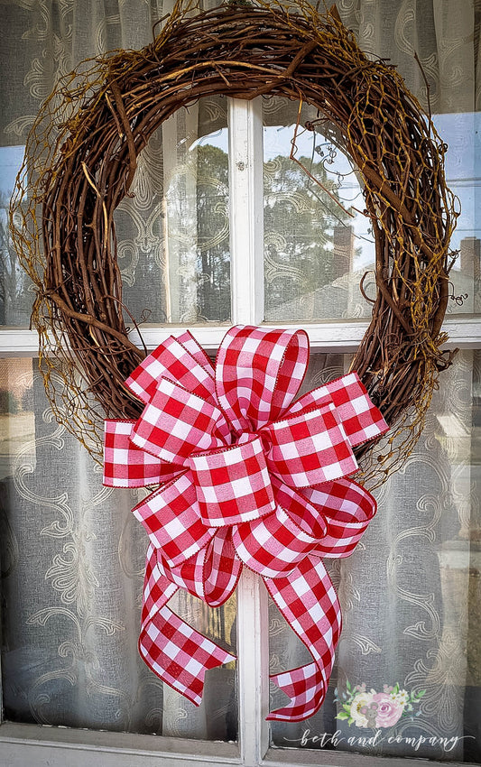 Red and White Buffalo Plaid Wreath Bow Farmhouse Wreath Bow for Valentines Day