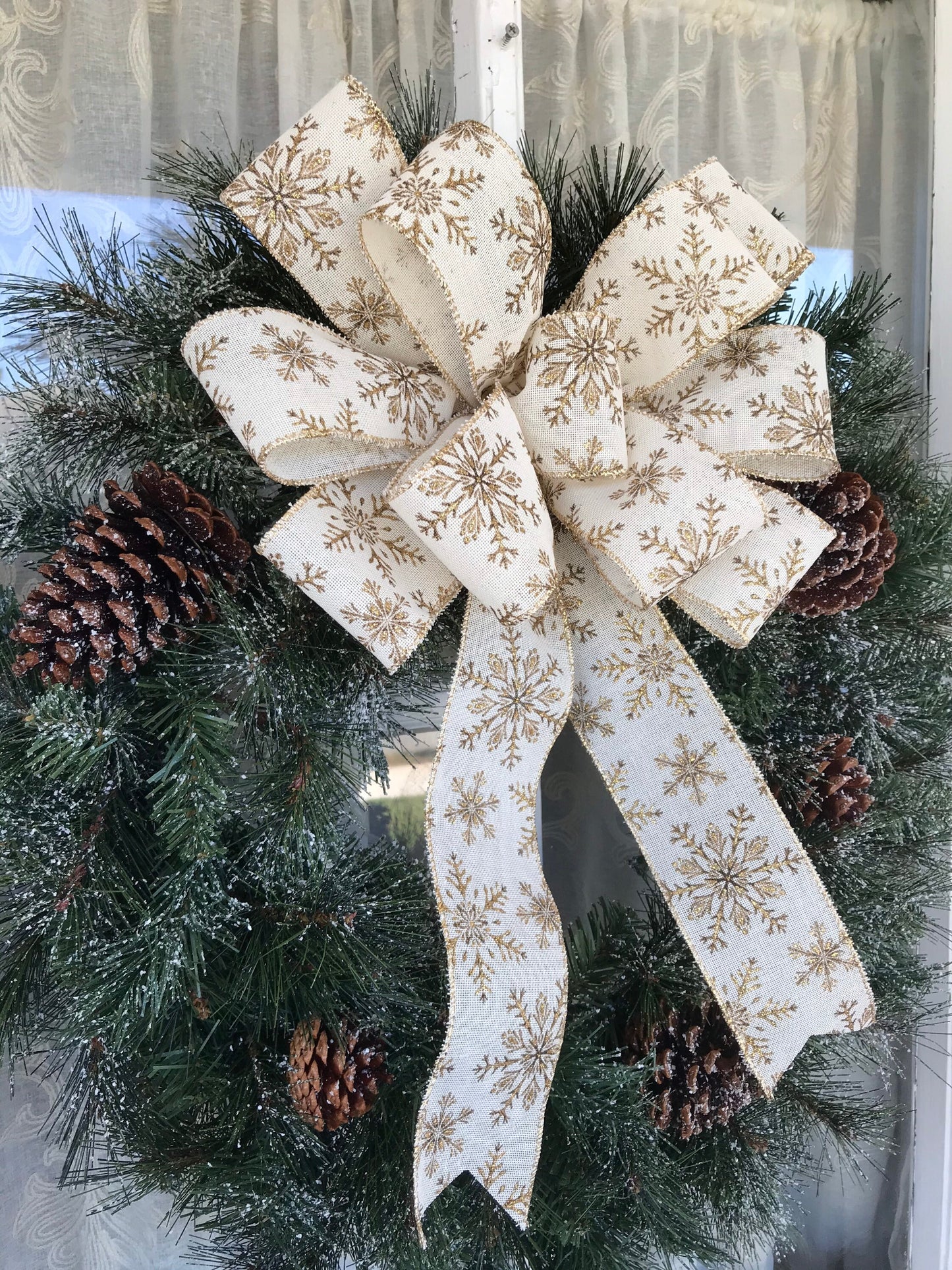 Gold Snowflake Christmas wreath bow 12” Christmas bow